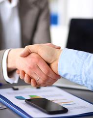 Business handshake. Two businessman shaking hands with each other in the office