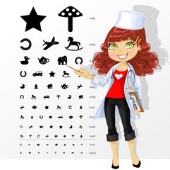 Woman doctor - shows children's test visual acuity - obrazy, fototapety, plakaty