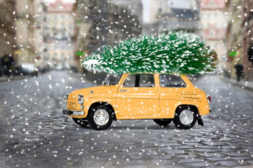 Retro car with christmas tree. Unusual christmas illustration