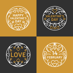 Set of Decorative Floral Circle Frames. Happy Valentines Day Celebration. Vector Design Element for Greeting Card. Golden and Black Colors