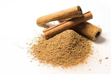 Cinnamon sticks on white background
