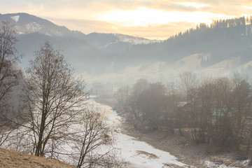 sunset in the mountains in winter