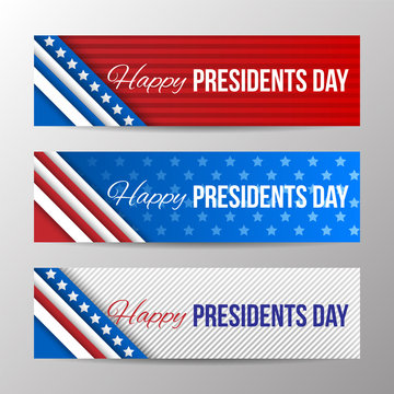 Set of modern vector horizontal banners, page headers with text for Presidents Day. Banners with stripes and stars in the colors of the American flag