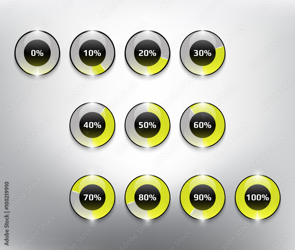 Wall mural progress indicator percentage set. completion, charging, loading or level concepts. coloured and tra