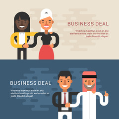 Set of Flat Style Web Banners  Templates. Vector Illustration Concept of Successful Partnership. Business Deal and Handshake of Two Businessman. European and Arab Partnership