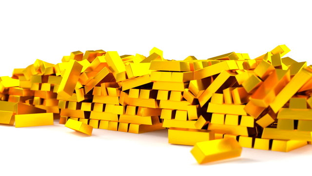 This is animation of realistic bars of gold falling and bouncing against white background 3b.