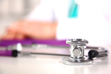 close up medical stethoscope on a white background