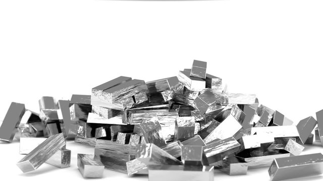 This is animation of realistic bars of silver falling and bouncing against white background 2.