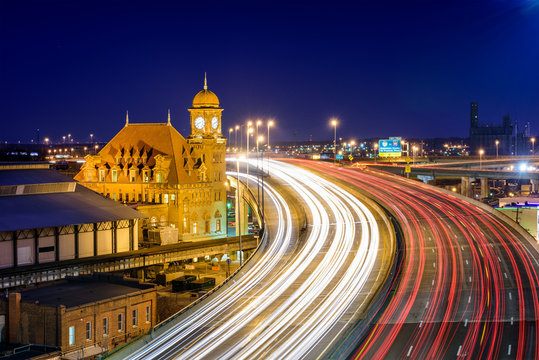 Richmond, Virginia, USA Cityscape With The Old Train Station And Interstate.