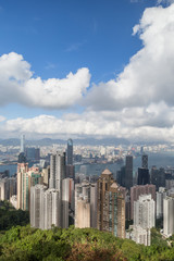 Hong Kong's skyline viewed from the Victoria Peak in daylight. Copy space.