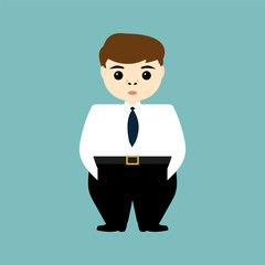 Head of a young businessman holding hands in pockets