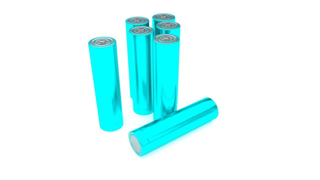 Animated plain, cyan or light blue (Stripped from label - from text, logo, brand name and other information) AA batteries on white background. Full 360 Degree rotation (tracking) and loop.