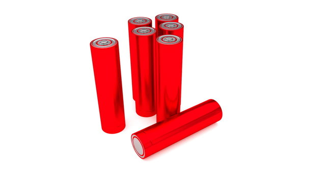 Animated plain, red (Stripped from label - from text, logo, brand name and other information) AA batteries on white background. Full 360 Degree rotation (tracking) and loop.