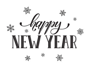 Happy New Year postcard template. Modern lettering with snowflakes isolated on white background. Christmas card concept.