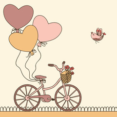Vector illustration with bicycle, balloons and place for your text. Can be used for celebration, Birthday card.