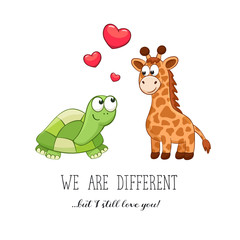 Cartoon animals with hearts. Valentine's da. Funny greeting card. We are different but i still love you. Turtle and giraffe in love.