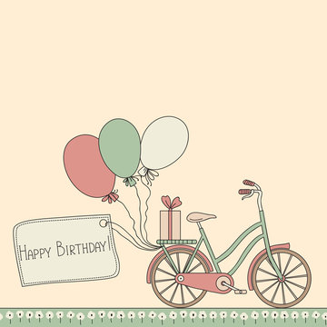 Vector illustration with bicycle, balloons and place for your text. Can be used for celebration, Birthday card.