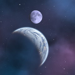 Planet and Moon on a starry background.