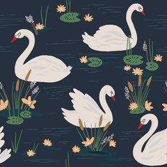 Cotton fabric Beautiful seamless pattern with swans on the lake. Vector illustration