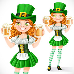 Beautiful girl leprechaun hold a two goblets of beer isolated on