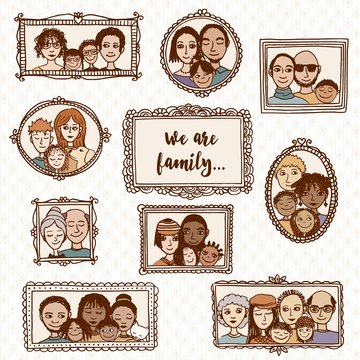 Cute hand drawn picture frames with family portraits
