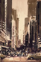 Tuinposter painting of city street with office buildings,artwork in retro style © grandfailure