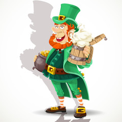 Cute Leprechaun with beer and pot of gold celebrating St Patrick
