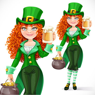 Beautiful girl leprechaun with pot of gold offers a beer isolate
