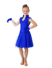 Happy little girl in blue dancing dress