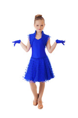 Happy little girl in blue dancing dress