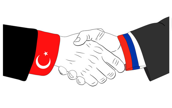 Handshake of the russian and turkish symbolizes agreement and friendship between Russia and Turkey
