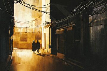 Obraz premium couple walking in alley at night,illustration painting