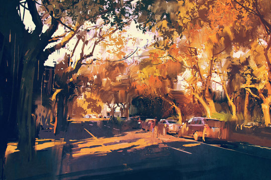 painting of city street in autumn