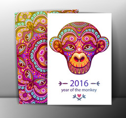 2016 New Year card or background with monkey. Happy New Year. Vector, EPS 10. Year of red monkey.