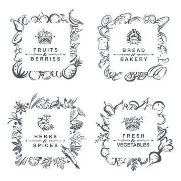 monochrome set of frames with fruits, vegetables, bakery and spices