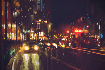 Naklejka premium painting of night street with colorful lights