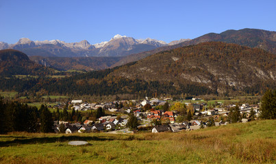 Bohinjska Bistrica with the highest mountain in Slovenia, Triglav