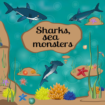 Cartoon poster with sharks and place for your text. Good for aquapark, oceanarium and other underwater show. Vector illustration.