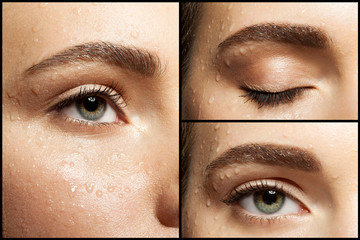 Collage of parts of the female beautiful clean face in the drops of water