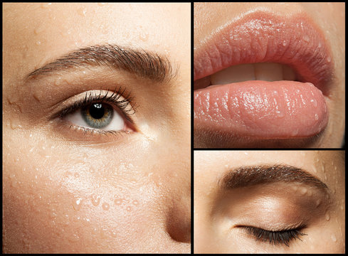 Collage of parts of the female beautiful clean face in the drops of water