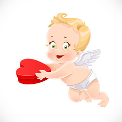Cute cupid holding a box with a gift in the form of heart