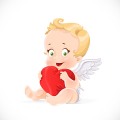 Cute cupid sitting and hugging a soft red pillow heart isolated