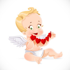 Cute little cupid sitting on the floor and holding a garland of