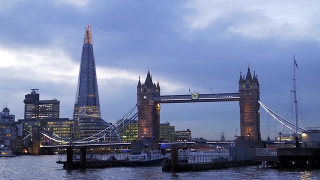 View of the iconic Tower Bridge and the Shard, two of the main landmarks in London