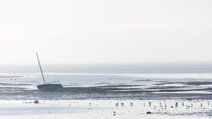 Gestrandetes Segelboot bei Ebbe in der Ho-Bucht, Esbjerg, Dänemark