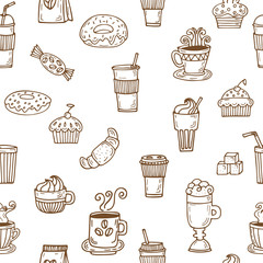 Hand drawn seamless pattern with coffee cups, coffee beans, cook