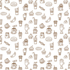 Hand drawn seamless pattern with coffee cups, donuts, coffee bea