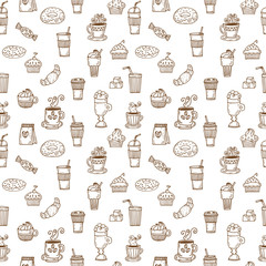 Hand drawn seamless pattern with coffee cups, donuts, coffee bea