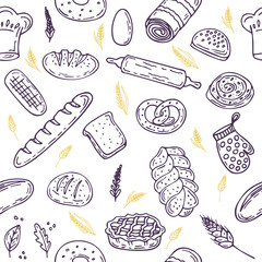 Seamless pattern with bread and wheat. Hand drawn bakery backgro