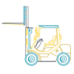 Blue yellow outline fork lift loader. Loading of goods. Professional illustration for net banner poster or icon. Flatten symbol illustration master vector Truck Digger Crane Small Bagger